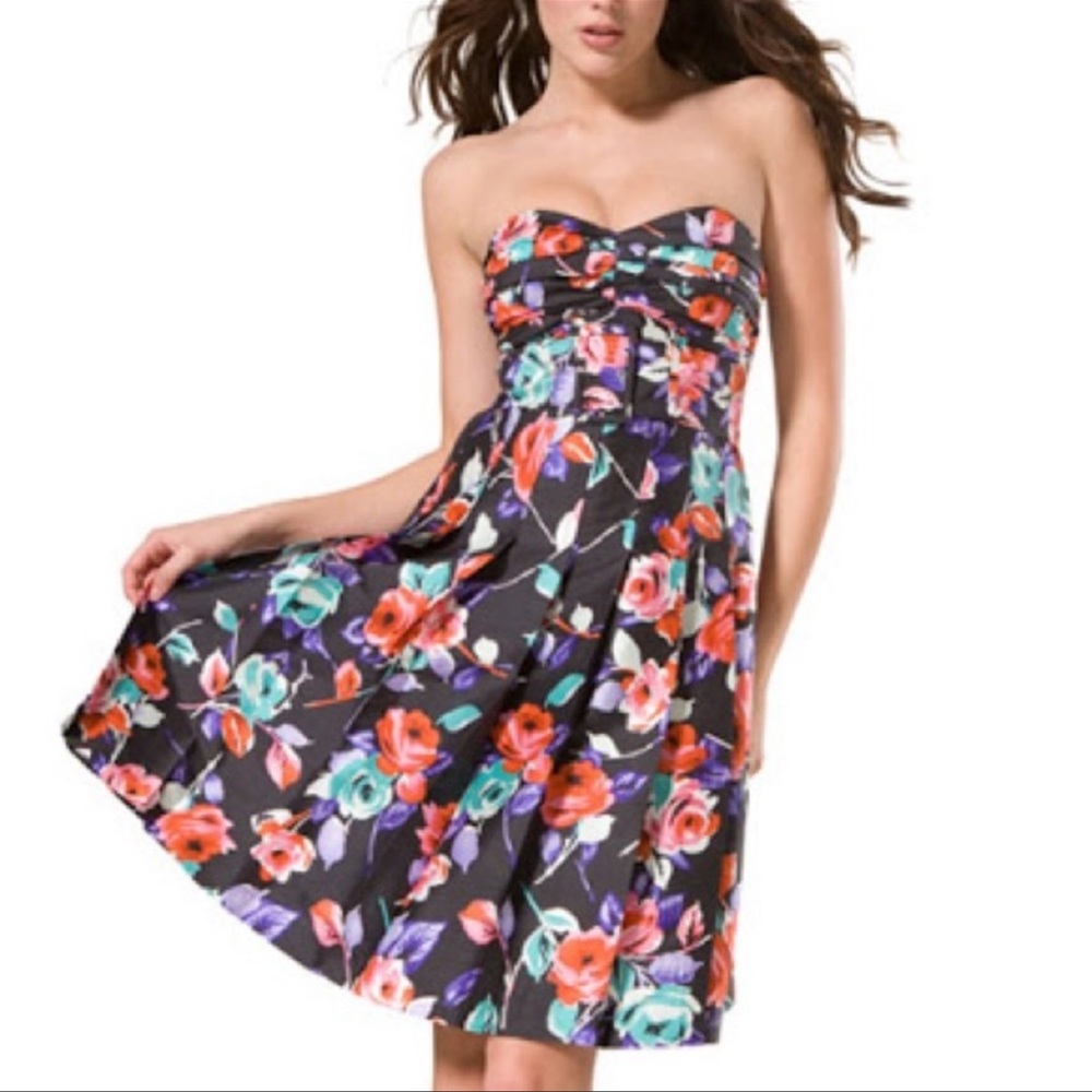 Express Black Floral Strapless Dress